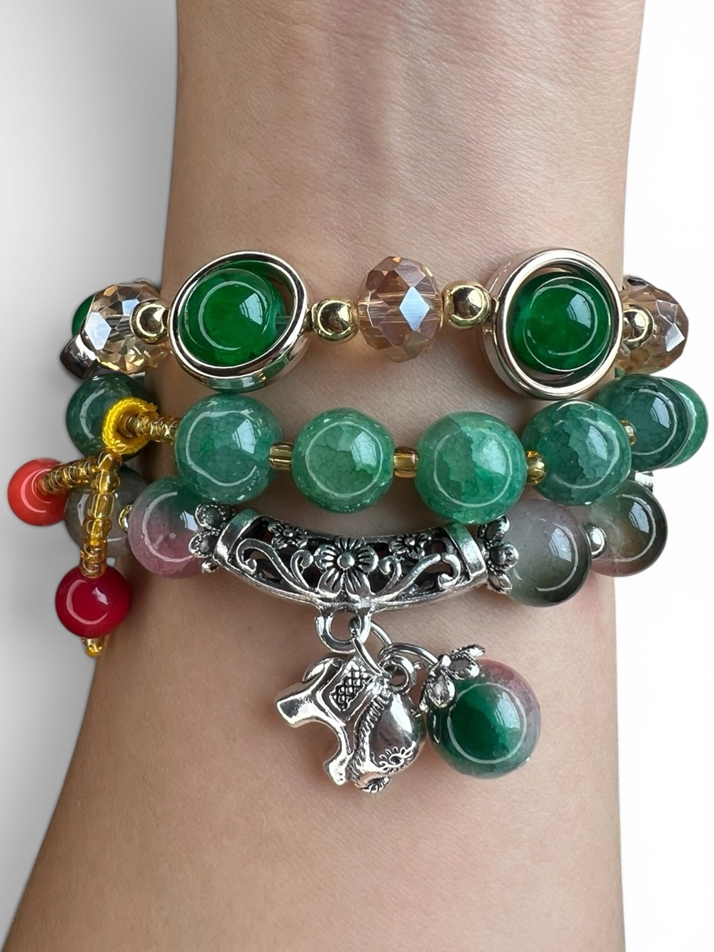 Green Bead with Elephant & Fish Charm Beaded 3 Pieces Stretch Bracelet Set NWOT